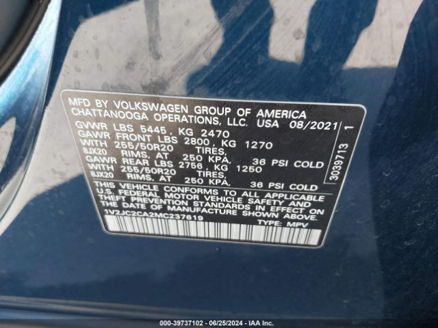 1V2JC2CA2MC237619 Volkswagen Atlas Cross Sport 2.0t Se W/technology