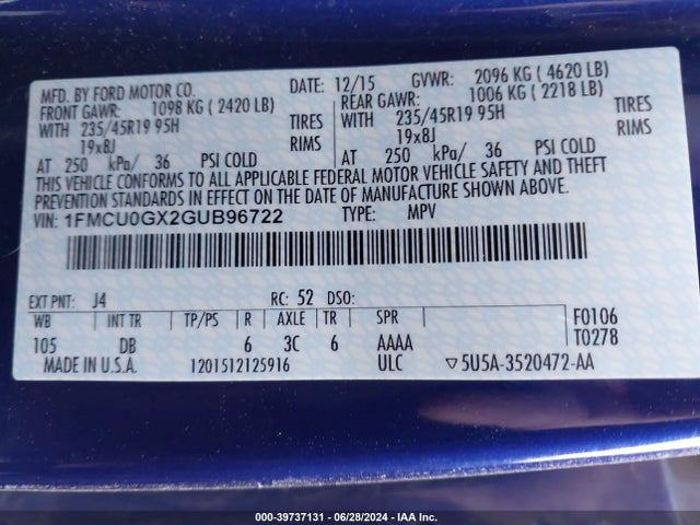 Ford ESCAPE SE 2016 1FMCU0GX2GUB96722 Image 9