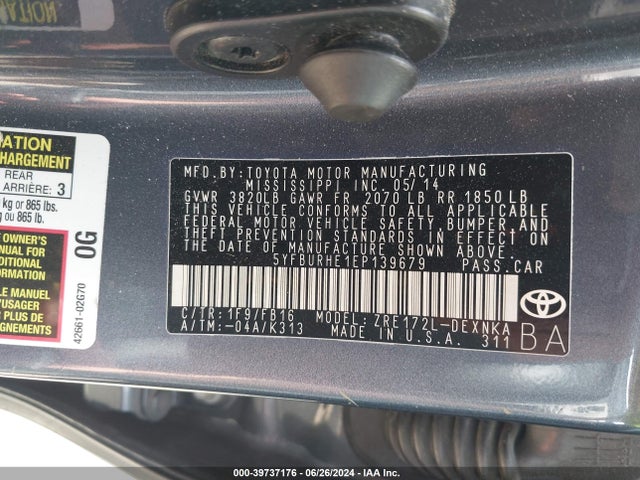 Toyota COROLLA LE 2014 5YFBURHE1EP139679 Image 9