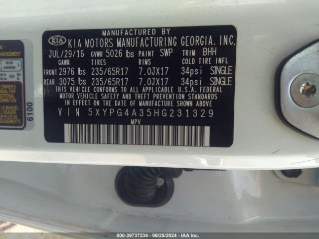 5XYPG4A35HG231329 KIA Sorento 2.4l Lx