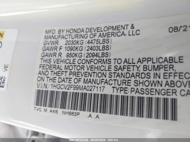 1HGCV2F99MA027117 Honda Accord Touring