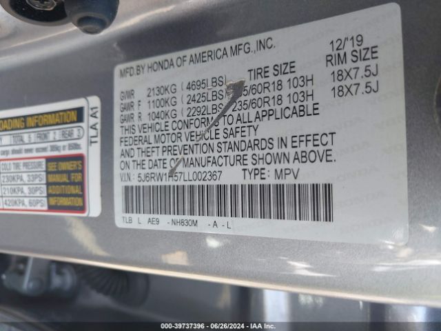 5J6RW1H57LL002367 Honda Cr-v 2wd Ex