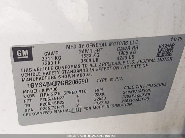 1GYS4BKJ7GR206690 Cadillac Escalade Luxury Collection