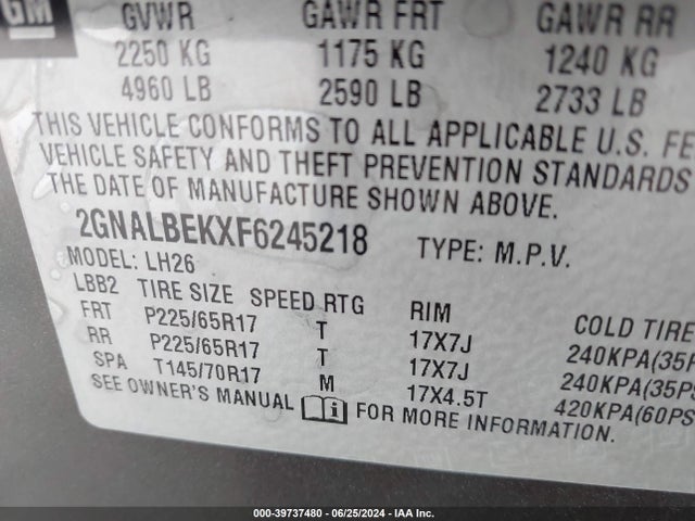 Chevrolet EQUINOX 1LT 2015 2GNALBEKXF6245218 Image 9