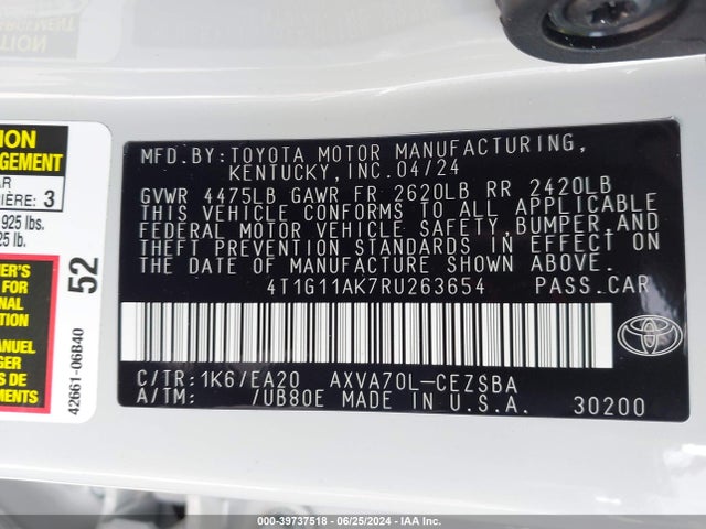 Toyota CAMRY SE 2024 4T1G11AK7RU263654 Image 9