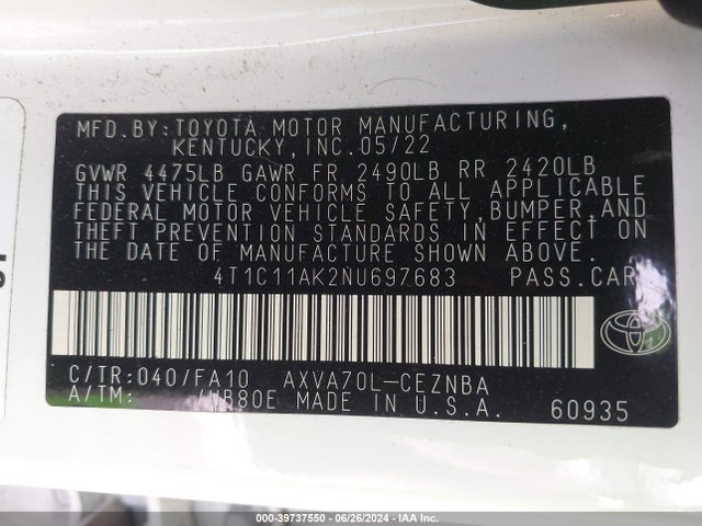 Toyota CAMRY LE 2022 4T1C11AK2NU697683 Image 9