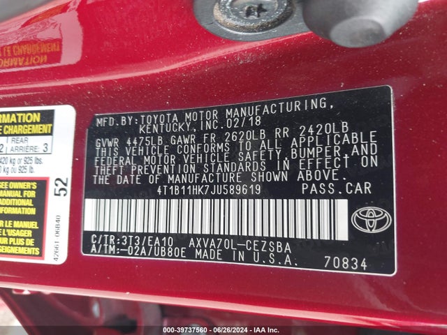 Toyota CAMRY SE 2018 4T1B11HK7JU589619 Image 9