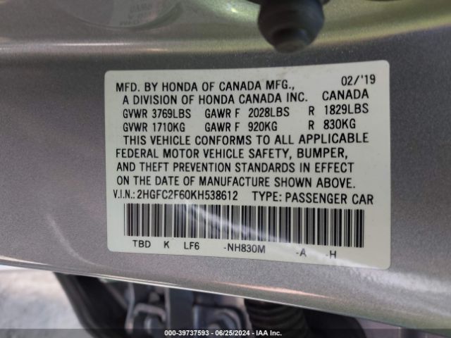 2HGFC2F60KH538612 Honda Civic Lx