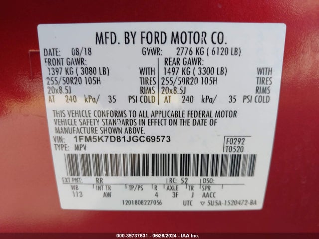 Ford EXPLORER XLT 2018 1FM5K7D81JGC69573 Image 9