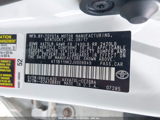 Toyota CAMRY XLE 2018 4T1B11HK2JU008849 Image 9