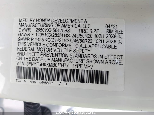 Honda Pilot Awd Elite 2021 5FNYF6H0XMB078477 Image 9