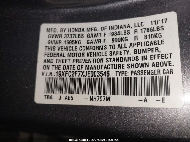 Honda CIVIC EX 2018 19XFC2F7XJE003546 Image 9