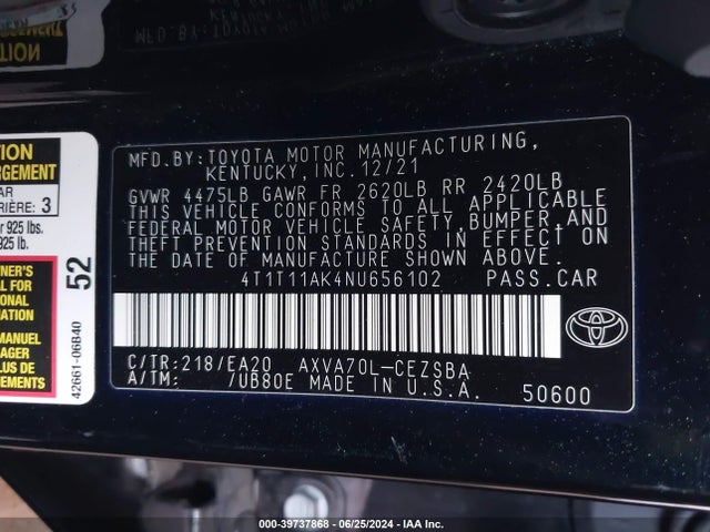 Toyota CAMRY SE 2022 4T1T11AK4NU656102 Image 9