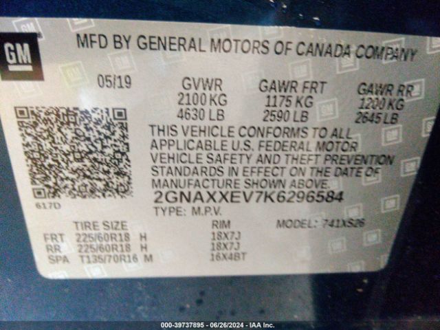 2GNAXXEV7K6296584 Chevrolet Equinox Premier