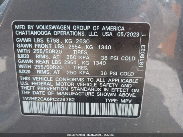 1V2HE2CA6PC226782 Volkswagen Atlas Cross Sport 3.6l V6 Se W/technology
