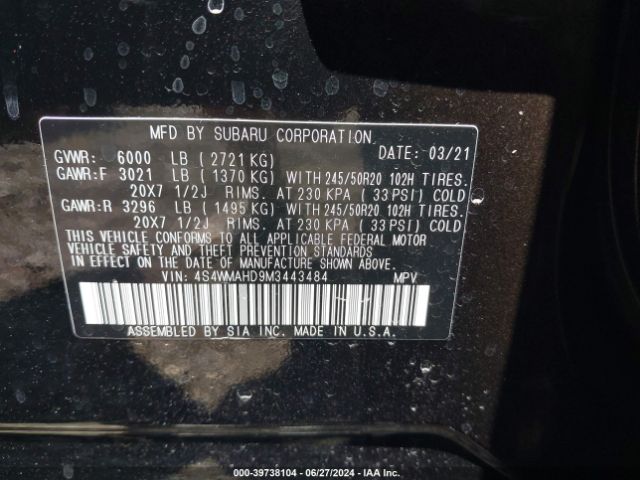4S4WMAHD9M3443484 Subaru Ascent Premium