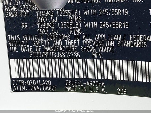 Toyota Highlander Limited Platinum 2018 5TDDZRFH3JS812786 Image 9