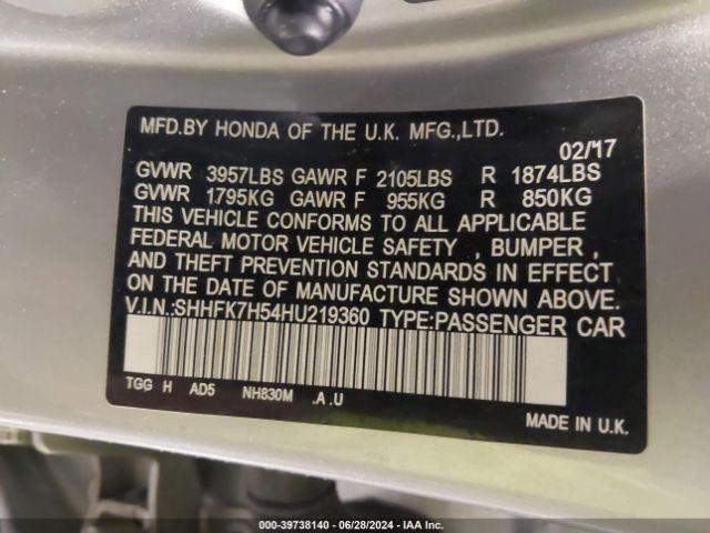SHHFK7H54HU219360 Honda CIVIC EX