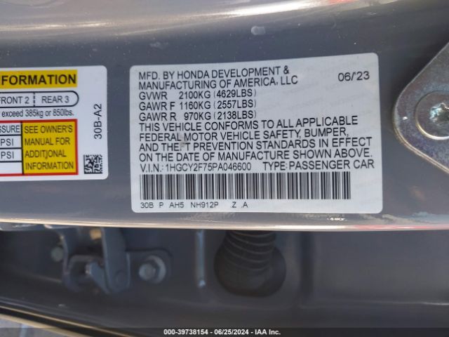 1HGCY2F75PA046600 Honda Accord Hybrid Sport-l