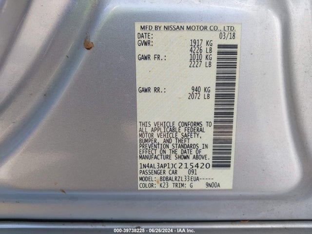 2018 Nissan Altima 2.5 Sl მანქანა იყიდება აუქციონზე, vin: 1N4AL3AP1JC215420, აუქციონის ნომერი: 39738225