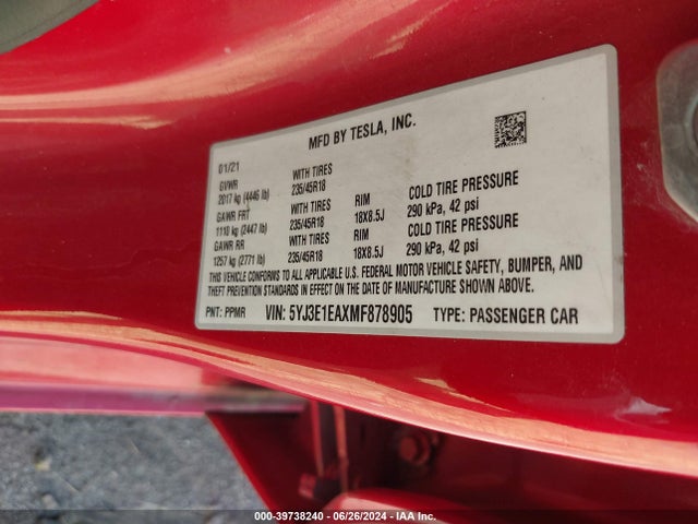 5YJ3E1EAXMF878905 Tesla Model 3 Standard Range Plus Rear-wheel Drive