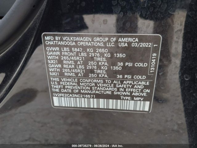 1V2FE2CA3NC216571 Volkswagen Atlas Cross Sport 3.6l V6 Sel Premium R-line