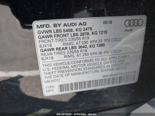 WA1BNAFY5J2237208 Audi Q5 2.0t Premium/2.0t Tech Premium
