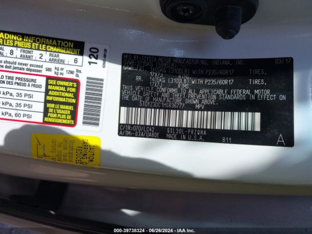 5TDYZ3DC1HS836777 Toyota Sienna Xle 8 Passenger