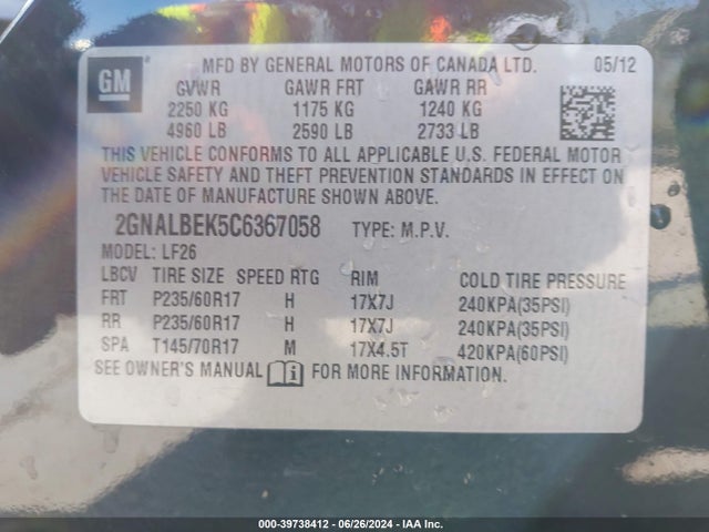 39738412 :رقم المزاد ، 2GNALBEK5C6367058 vin ، 2012 Chevrolet Equinox Ls مزاد بيع