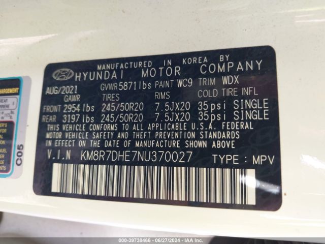 KM8R7DHE7NU370027 Hyundai Palisade Calligraphy