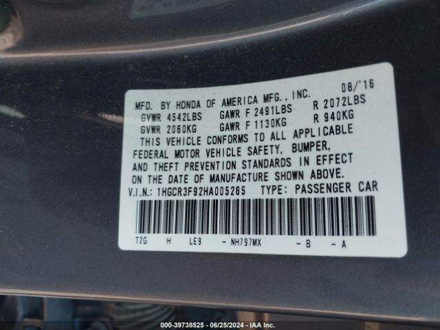 1HGCR3F92HA005265 Honda Accord Touring V6