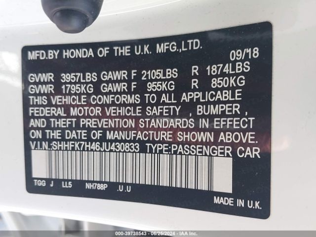 SHHFK7H46JU430833 Honda Civic Sport