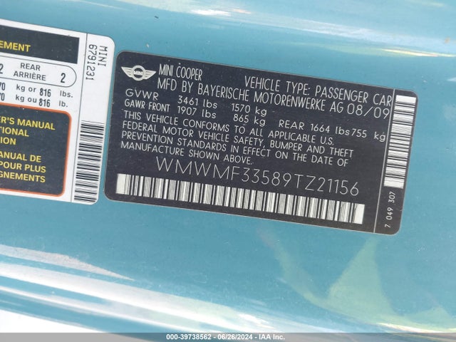2009 MINI COOPER WMWMF33589TZ21156 Photo 8