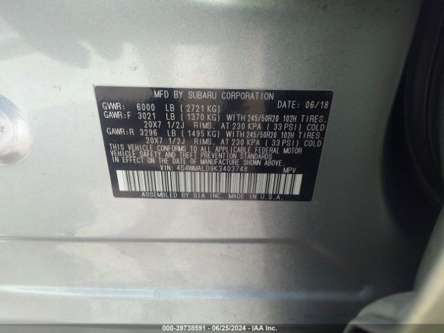 4S4WMALD9K3403748 Subaru Ascent Limited