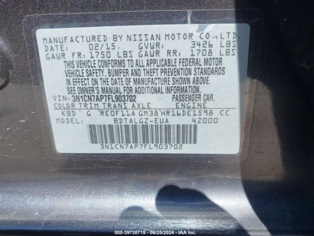 3N1CN7AP7FL903702 Nissan Versa 1.6 Sl