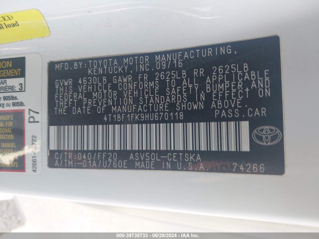 Toyota CAMRY SE 2017 4T1BF1FK9HU670118 Image 9