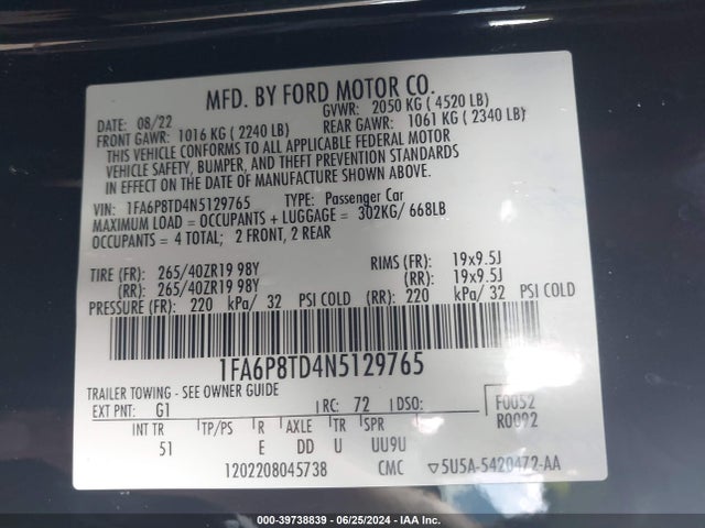 Ford Mustang Ecoboost Premium Fastback 2022 1FA6P8TD4N5129765 Image 9