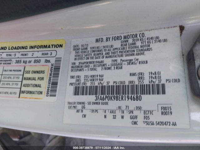 3FA6P0K98ER194680 Ford Fusion Titanium