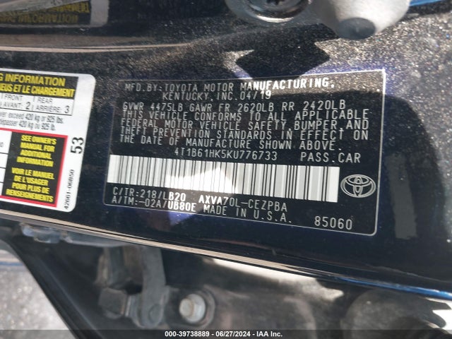 Toyota CAMRY XSE 2019 4T1B61HK5KU776733 Image 9