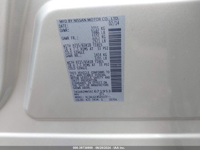 Nissan Pathfinder Sl 2014 5N1AR2MN5EC671953 Image 9