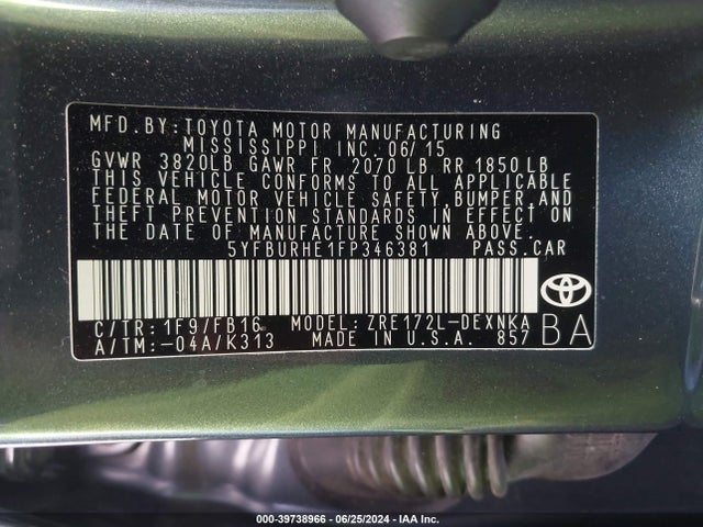 Toyota COROLLA LE 2015 5YFBURHE1FP346381 Image 9