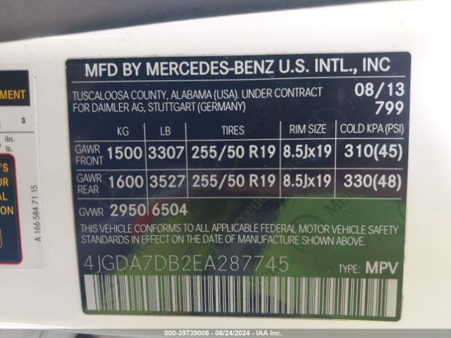 4JGDA7DB2EA287745 Mercedes-Benz Ml 550 4matic