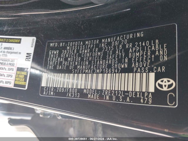 Toyota COROLLA LE 2021 5YFEPMAE3MP166947 Image 9