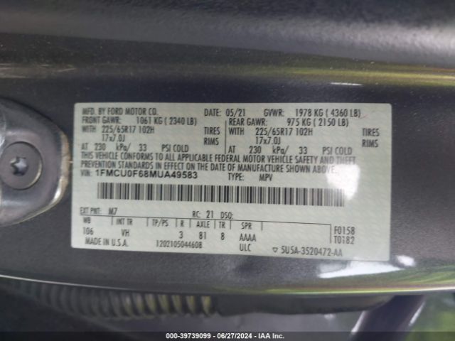 2021 FORD ESCAPE 1FMCU0F68MUA49583 Photo 8