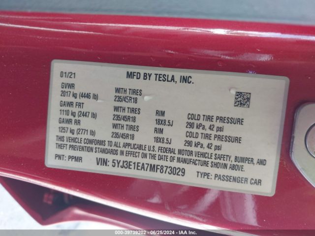 5YJ3E1EA7MF873029 Tesla Model 3 Standard Range Plus Rear-wheel Drive