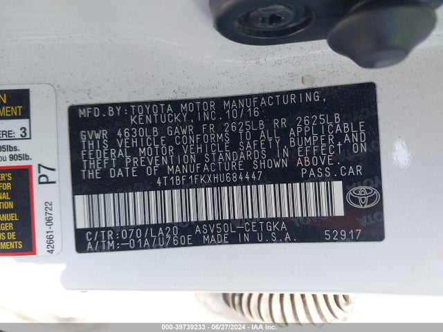 Toyota CAMRY XLE 2017 4T1BF1FKXHU684447 Image 9