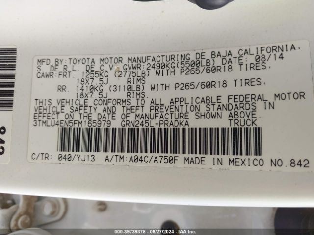 3TMLU4EN5FM165979 Toyota Tacoma Base V6