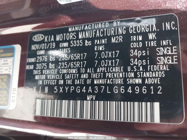 5XYPG4A37LG649612 KIA Sorento 2.4l Lx