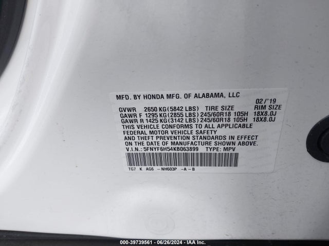 Honda Pilot Ex-l 2019 5FNYF6H54KB063899 Image 9