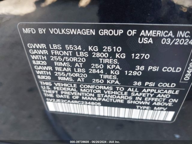 1V2JE2CA4RC234805 Volkswagen Atlas Cross Sport 2.0t Se W/technology